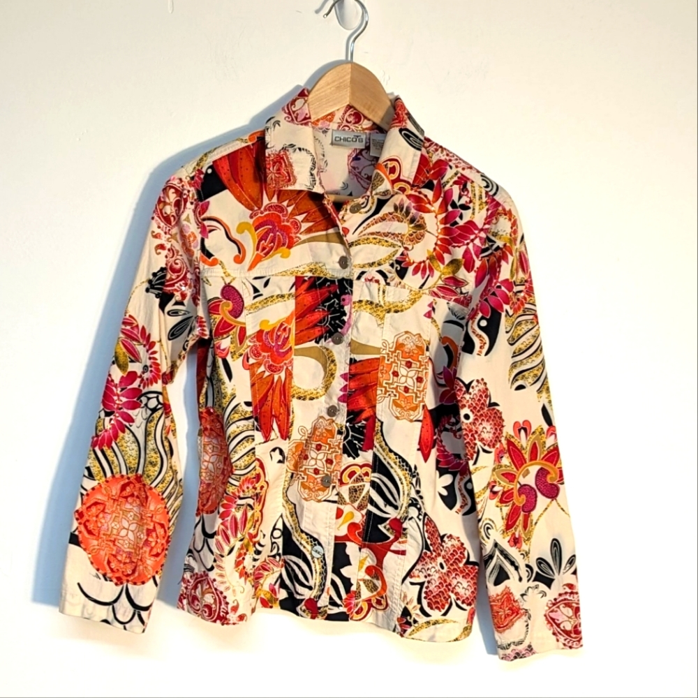 Chico's Multicolor Sequin Embellished Long Sleeve Button Shirt, Small